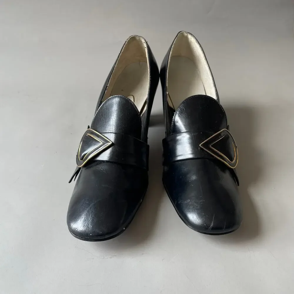 60s 70s Buckle Shoes MCM Low Heel Pilgrim Square Toe Front Row Chunky Heel 9AA